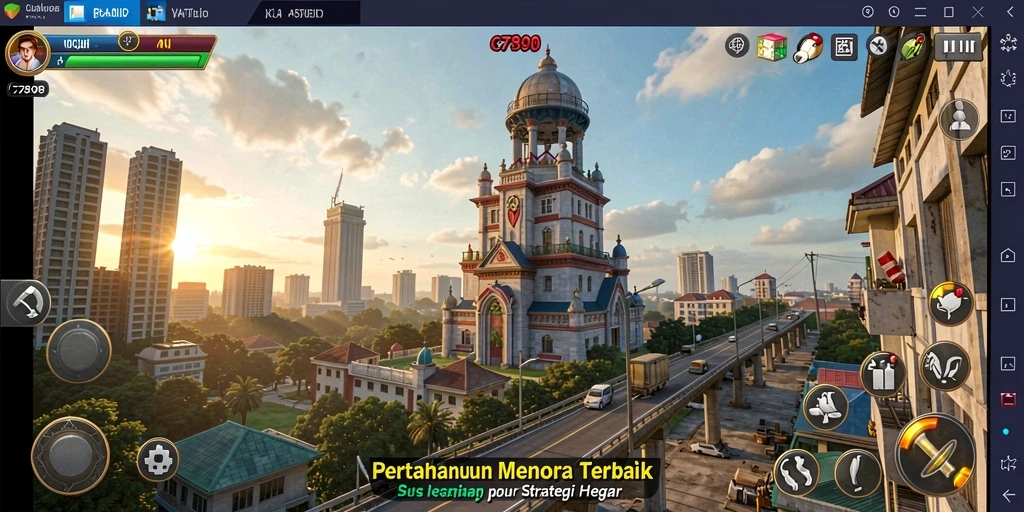 Screenshot utama bermain C7890 dengan tampilan menara pertahanan yang megah.