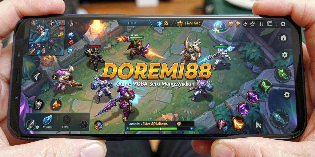 Screenshot gameplay DOREMI88 yang menunjukkan aksi pertempuran tim MOBA yang seru.