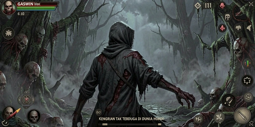 Screenshot gameplay GASWIN menunjukkan suasana mencekam yang menggigit.