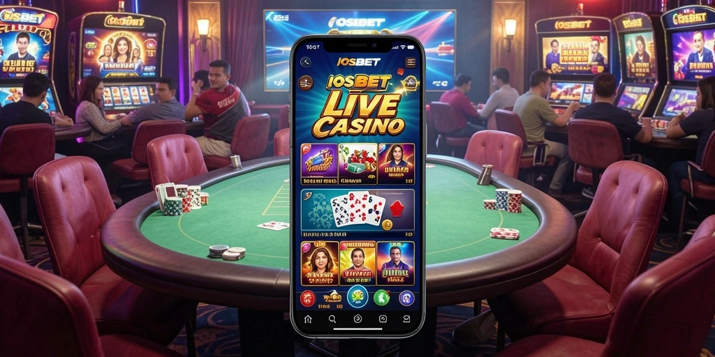 Screenshot permainan <strong>IOSBET</strong> menampilkan dealer langsung dan suasana kasino yang mendebarkan.