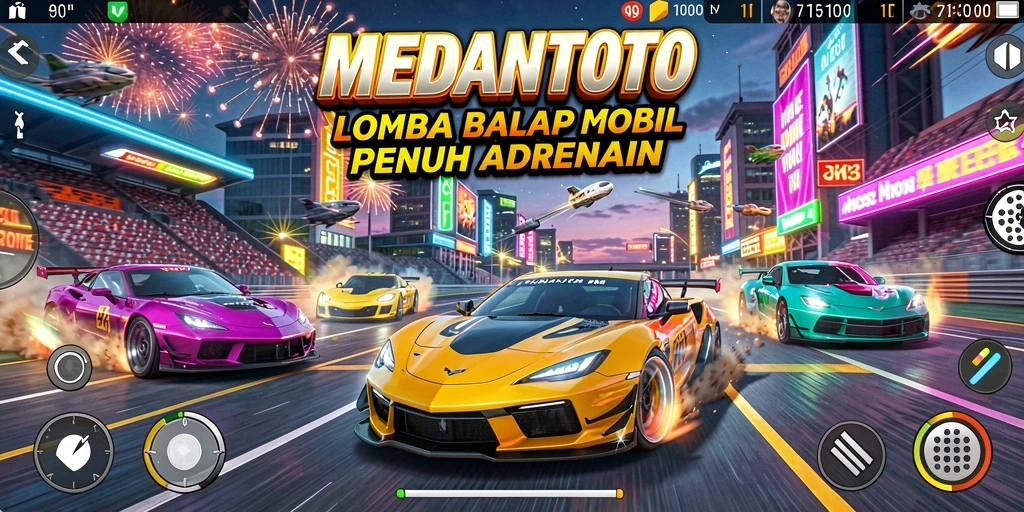Tampilan gameplay seru dari MEDANTOTO dengan mobil balap yang cepat.
