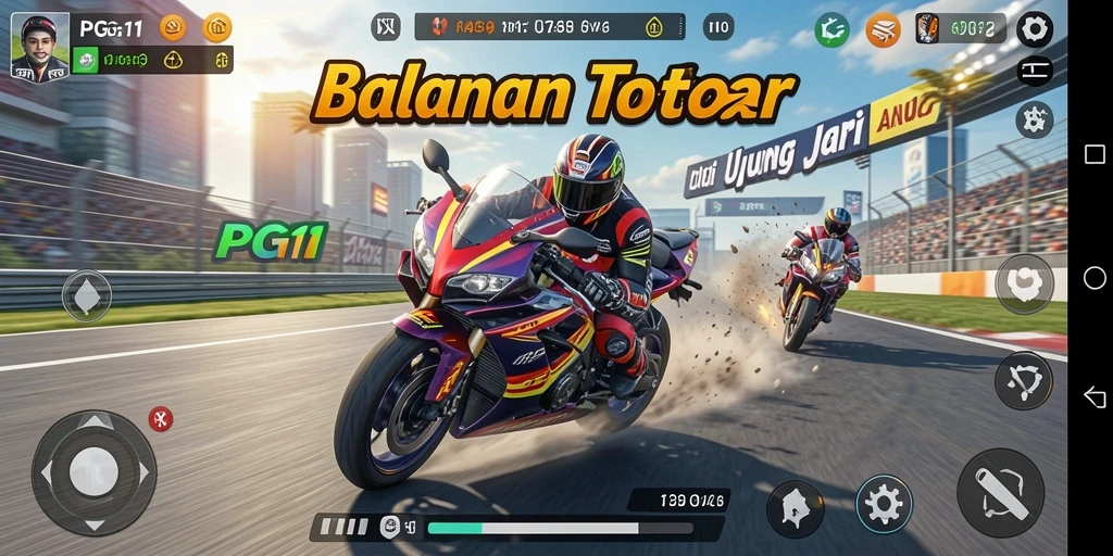 Tampilan gameplay PG11 yang menegangkan saat balapan motor.