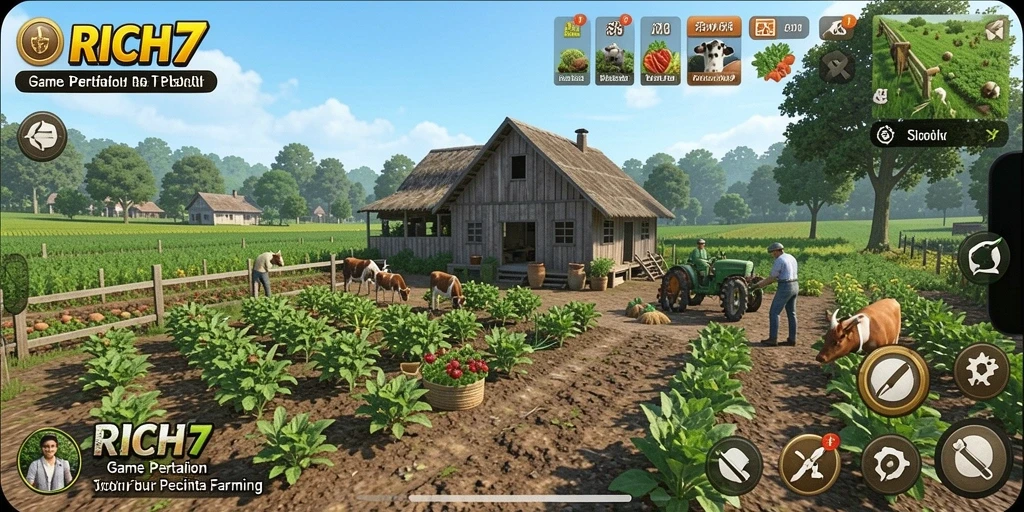 Tampilan menarik dari gameplay RICH7 yang mengusung tema pertanian.