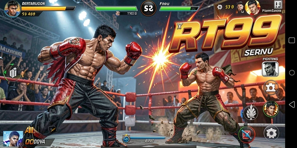 Tampilan gameplay RT99 yang mendebarkan dengan karakter bertarung.