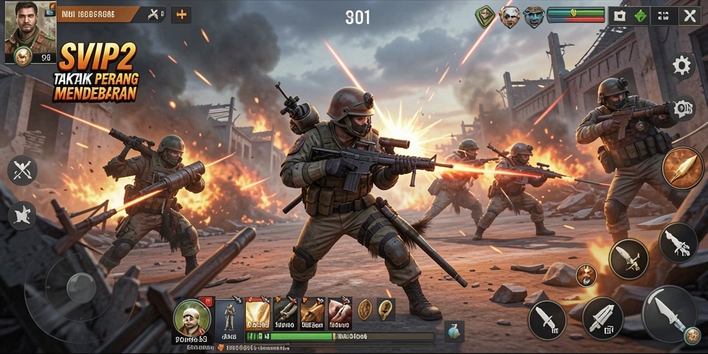 Screenshot gameplay SVIP2 menampilkan aksi pertempuran strategi yang intens.