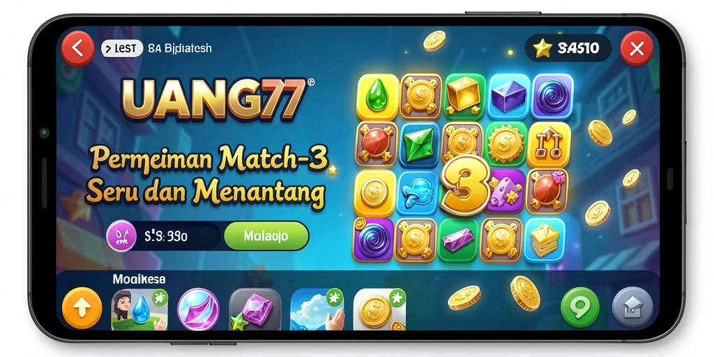 Tampilan gameplay seru UANG77 dengan elemen Match-3 menarik.