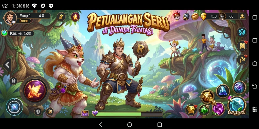 Tampilan gameplay V21 saat menjelajahi dunia petualangan yang penuh warna.