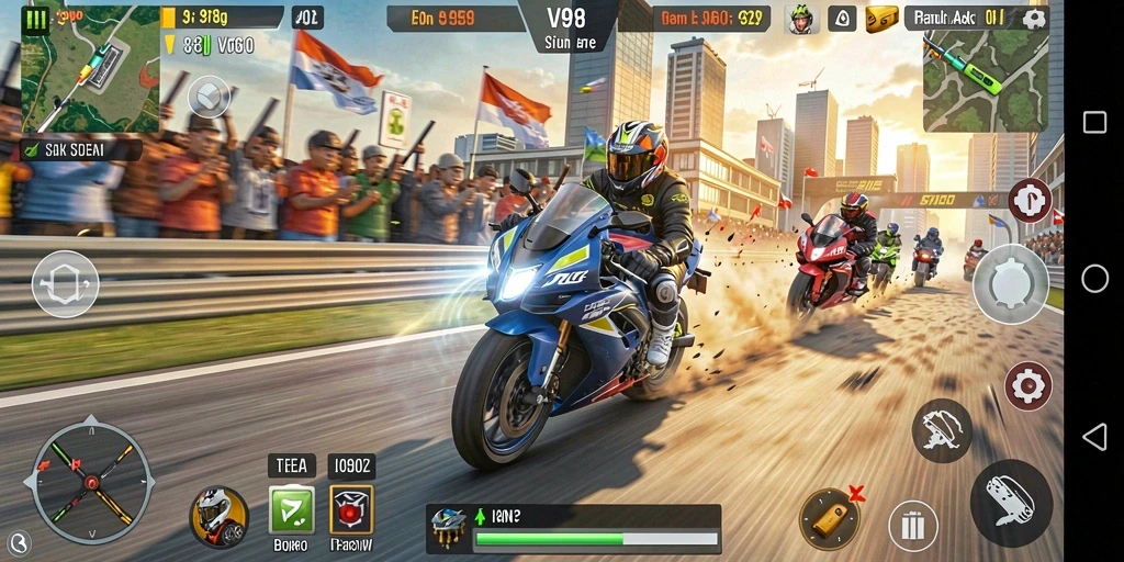 Gameplay V98 dengan aksi balapan motor yang mendebarkan dan seru.